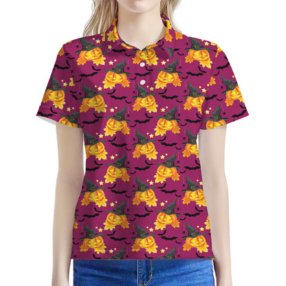 Cute Halloween Pumpkin Witch Print Women's Polo Shirt