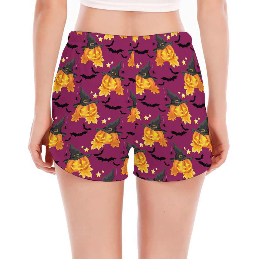 Cute Halloween Pumpkin Witch Print Women's Split Running Shorts