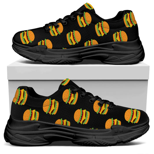 Cute Hamburger Pattern Print Black Chunky Shoes