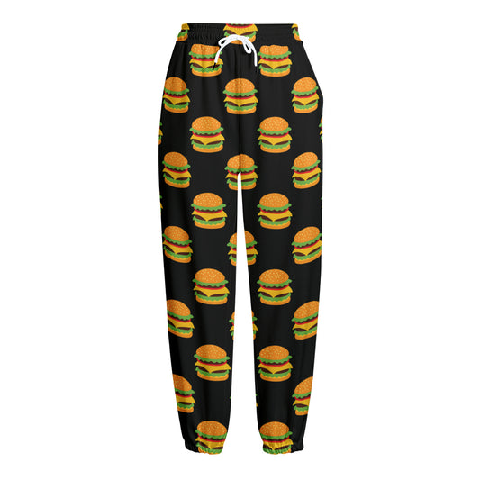 Cute Hamburger Pattern Print Fleece Lined Knit Pants
