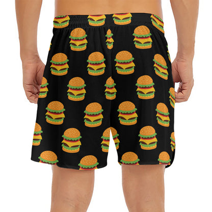 Cute Hamburger Pattern Print Men's Split Running Shorts