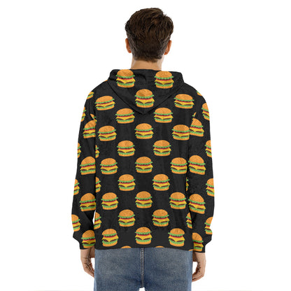 Cute Hamburger Pattern Print Men's Velvet Pullover Hoodie