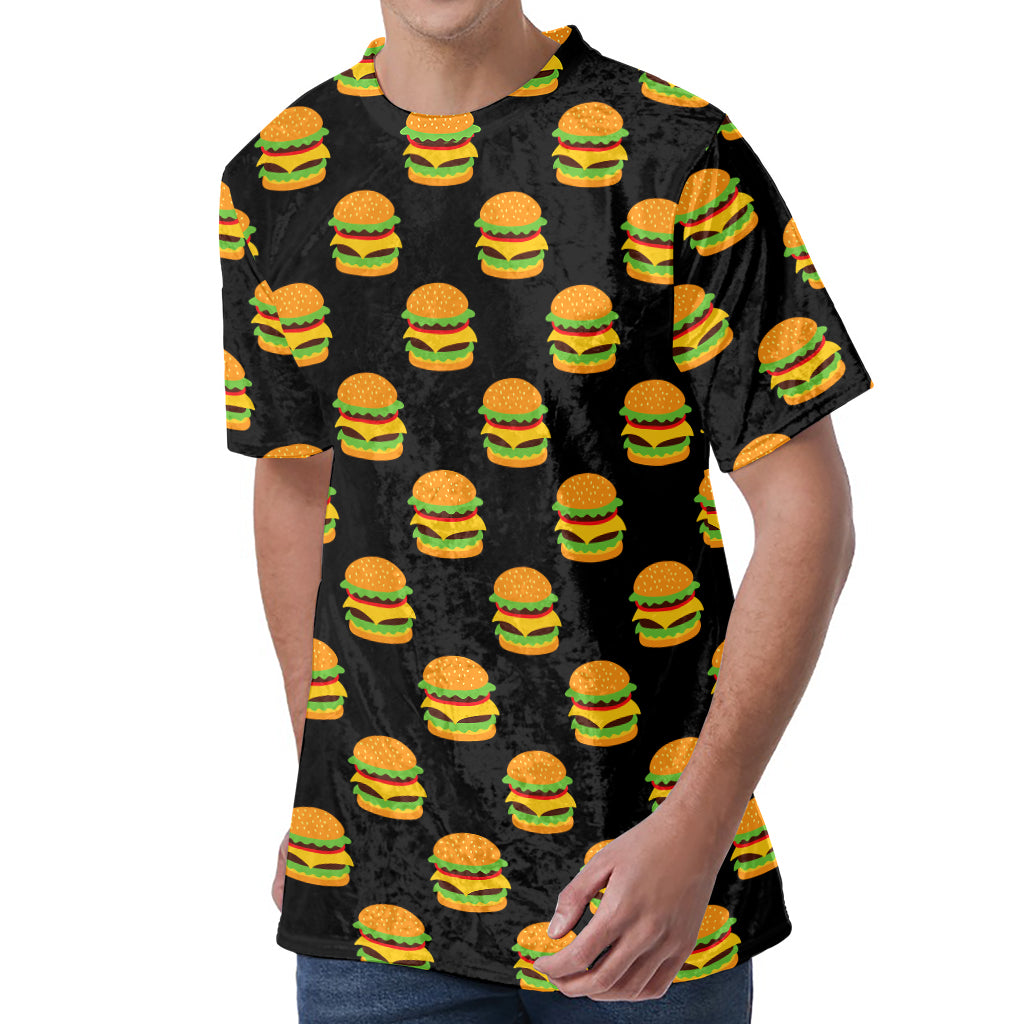 Cute Hamburger Pattern Print Men's Velvet T-Shirt