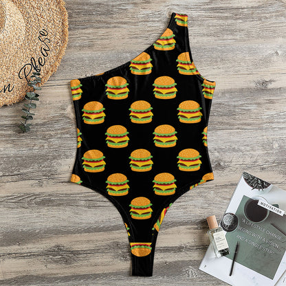 Cute Hamburger Pattern Print One Shoulder Bodysuit