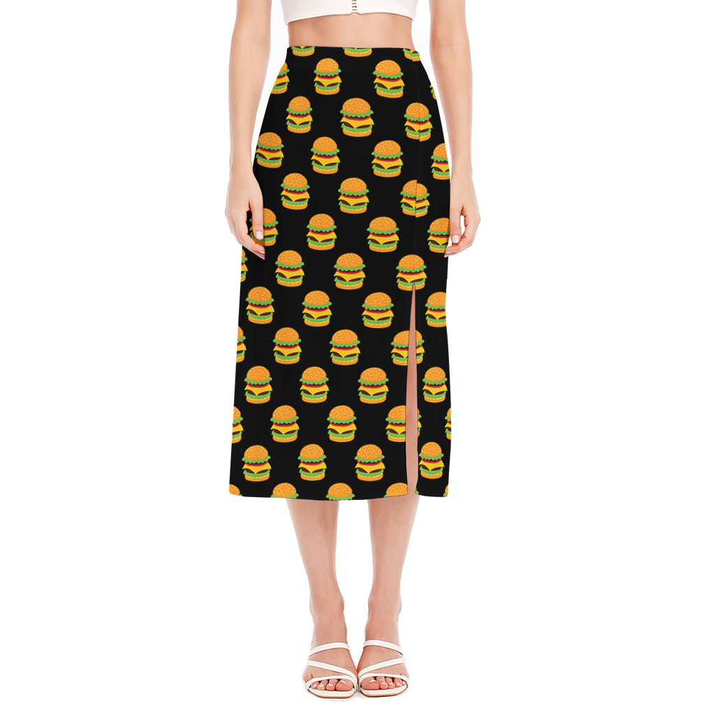 Cute Hamburger Pattern Print Side Slit Midi Skirt