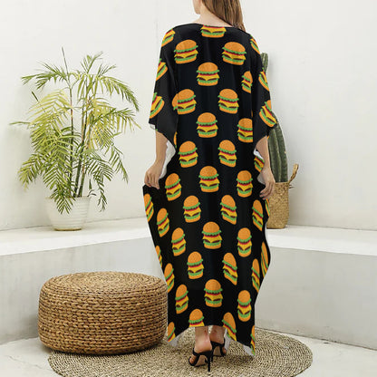 Cute Hamburger Pattern Print Silk V-Neck Kaftan Dress