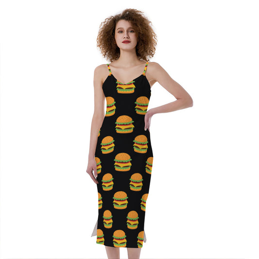 Cute Hamburger Pattern Print Slim Fit Midi Cami Dress
