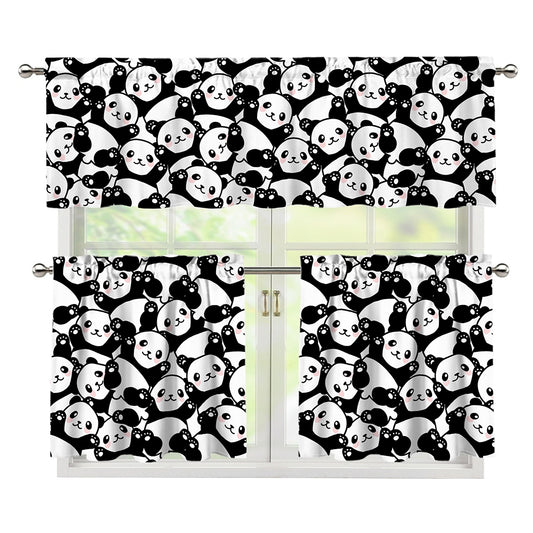 Cute Happy Panda Pattern Print 3 Piece Kitchen Curtains