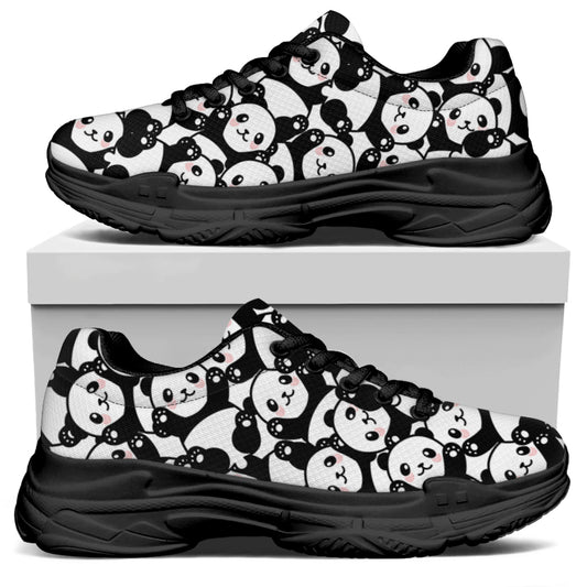 Cute Happy Panda Pattern Print Black Chunky Shoes