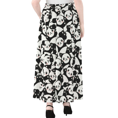 Cute Happy Panda Pattern Print Chiffon Maxi Skirt