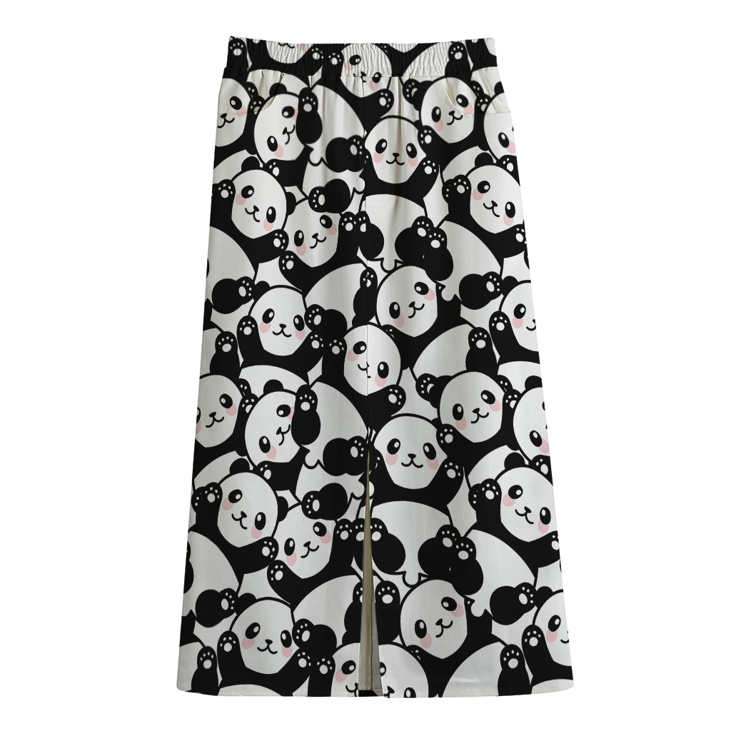 Cute Happy Panda Pattern Print Cotton Front Slit Maxi Skirt