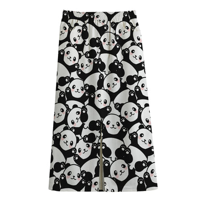 Cute Happy Panda Pattern Print Cotton Front Slit Maxi Skirt
