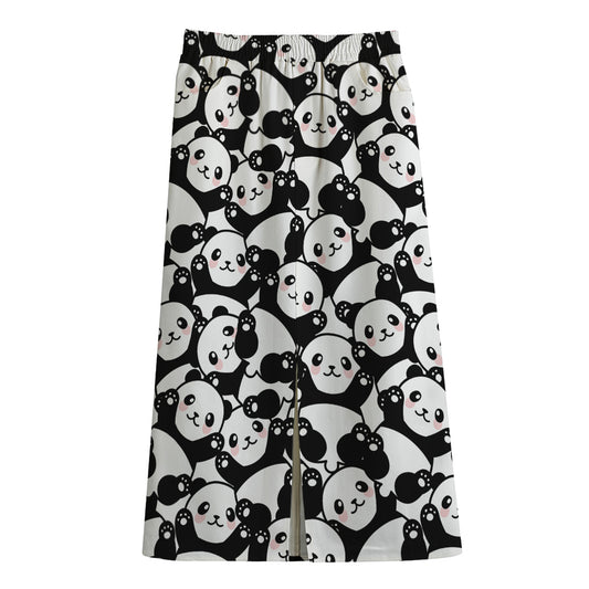 Cute Happy Panda Pattern Print Cotton Front Slit Maxi Skirt