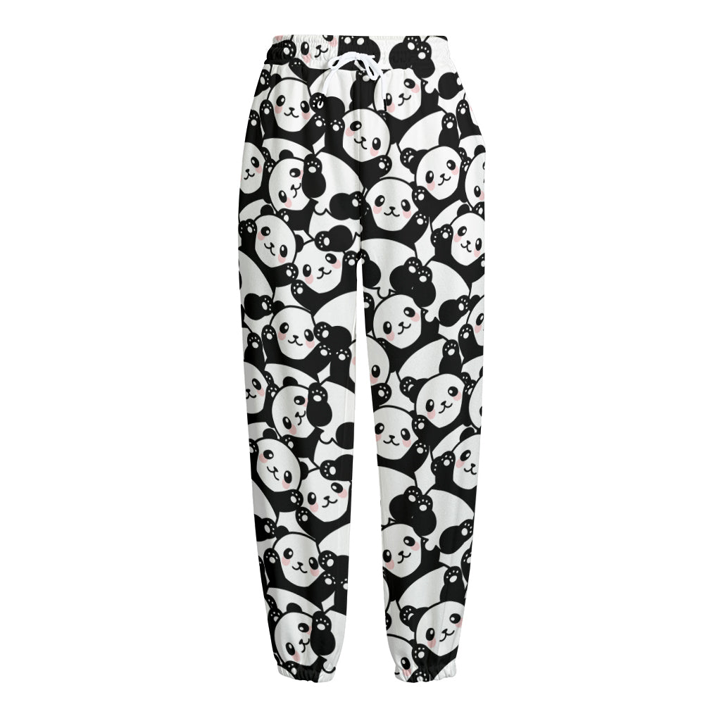 Cute Happy Panda Pattern Print Fleece Lined Knit Pants
