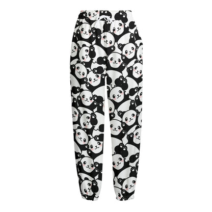 Cute Happy Panda Pattern Print Fleece Lined Knit Pants