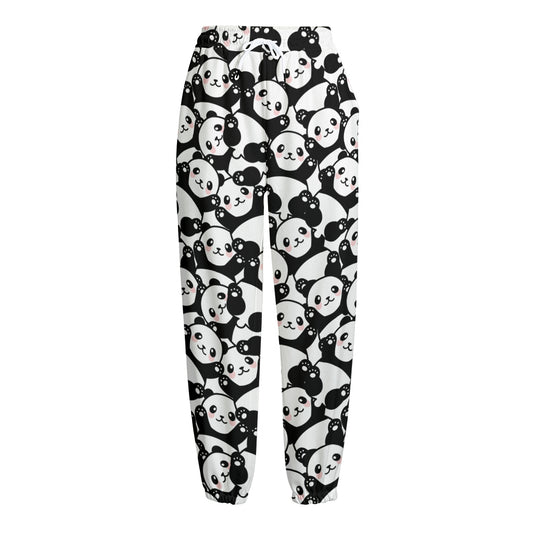 Cute Happy Panda Pattern Print Fleece Lined Knit Pants