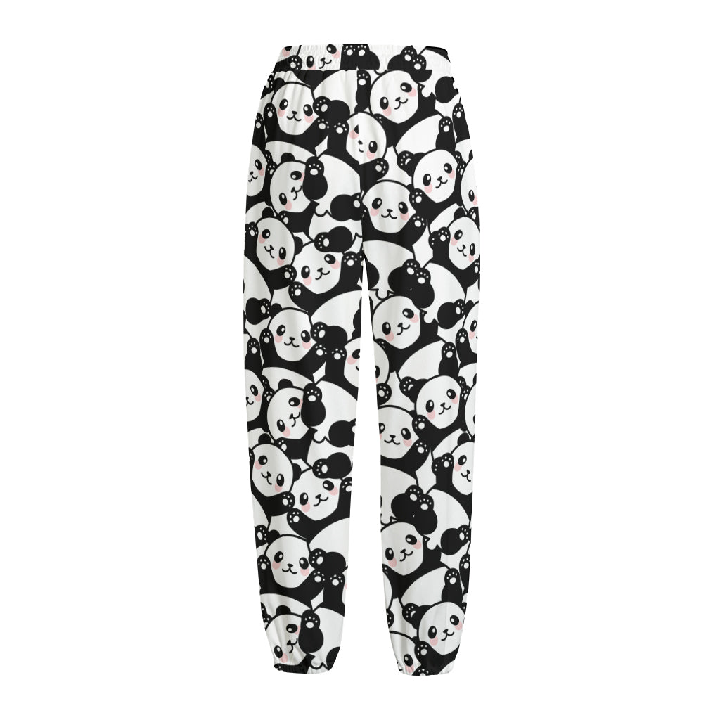 Cute Happy Panda Pattern Print Fleece Lined Knit Pants