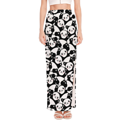 Cute Happy Panda Pattern Print High Slit Maxi Skirt