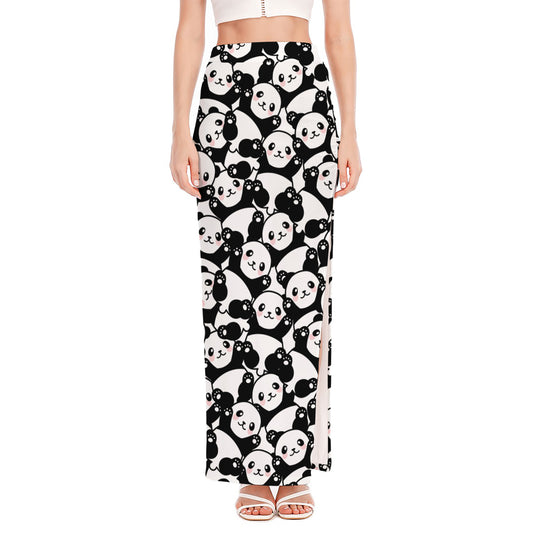 Cute Happy Panda Pattern Print High Slit Maxi Skirt