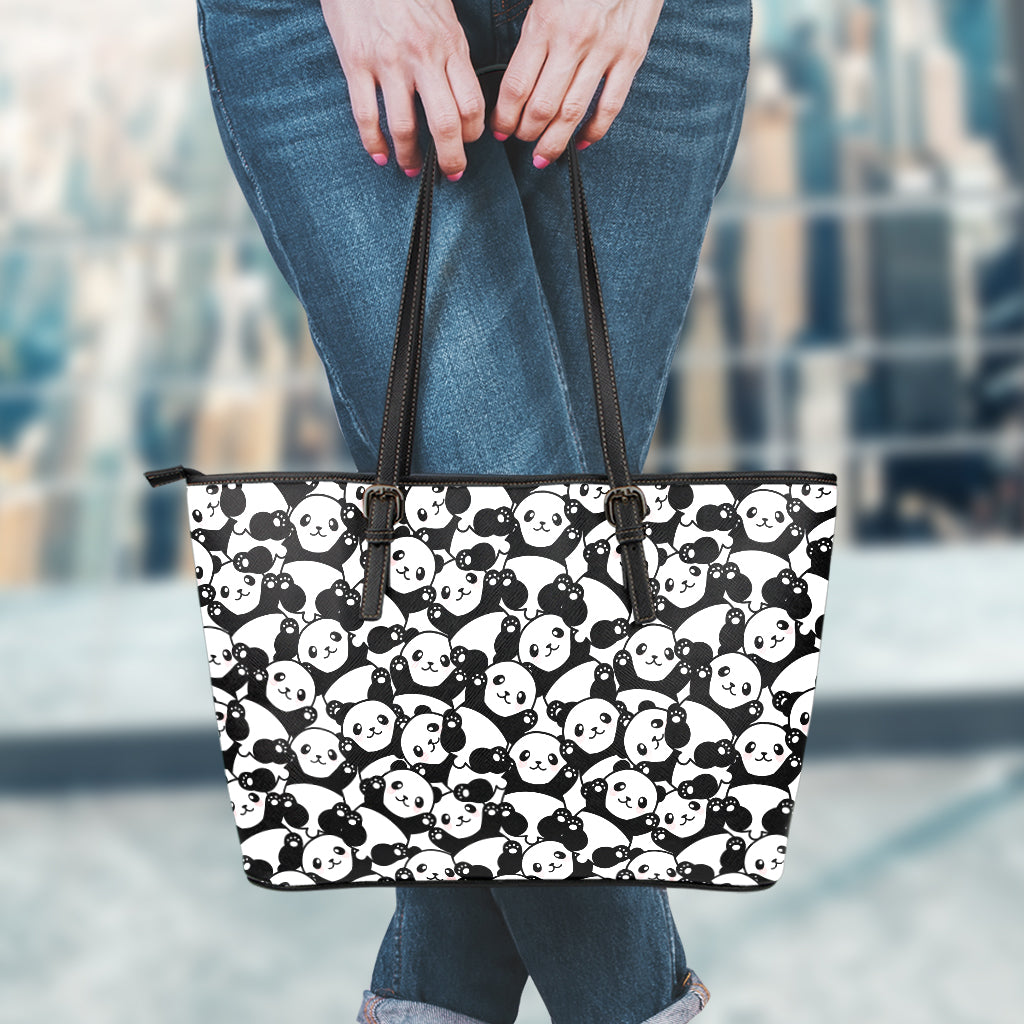 Cute Happy Panda Pattern Print Leather Tote Bag
