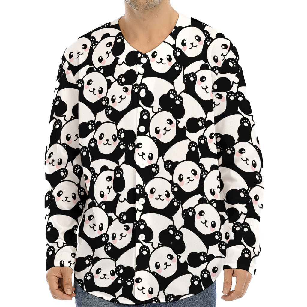 Cute Happy Panda Pattern Print Long Sleeve Baseball Jersey