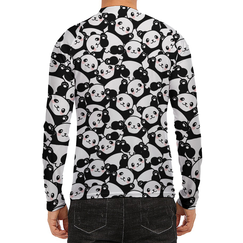 Cute Happy Panda Pattern Print Men's Long Sleeve Rash Guard