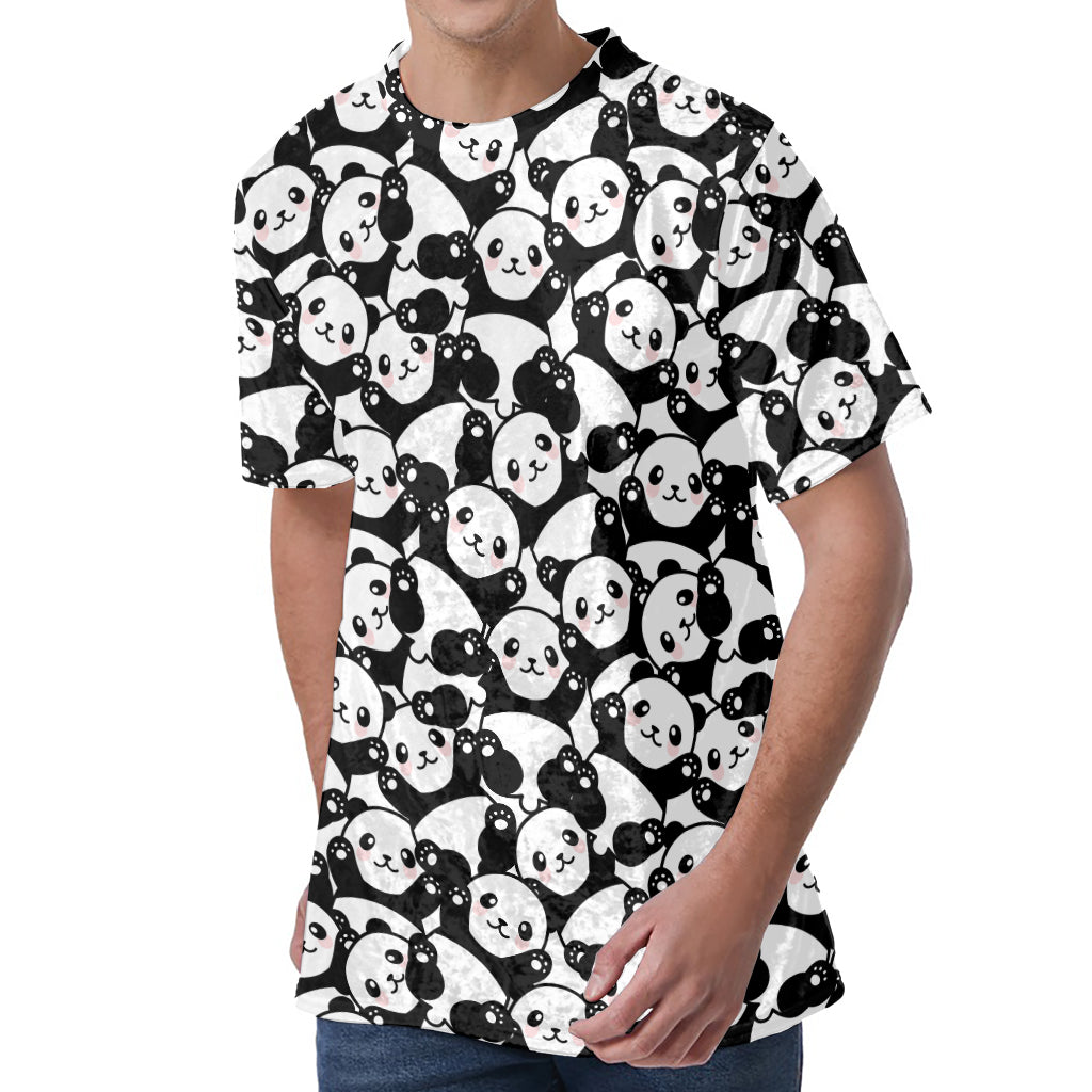 Cute Happy Panda Pattern Print Men's Velvet T-Shirt