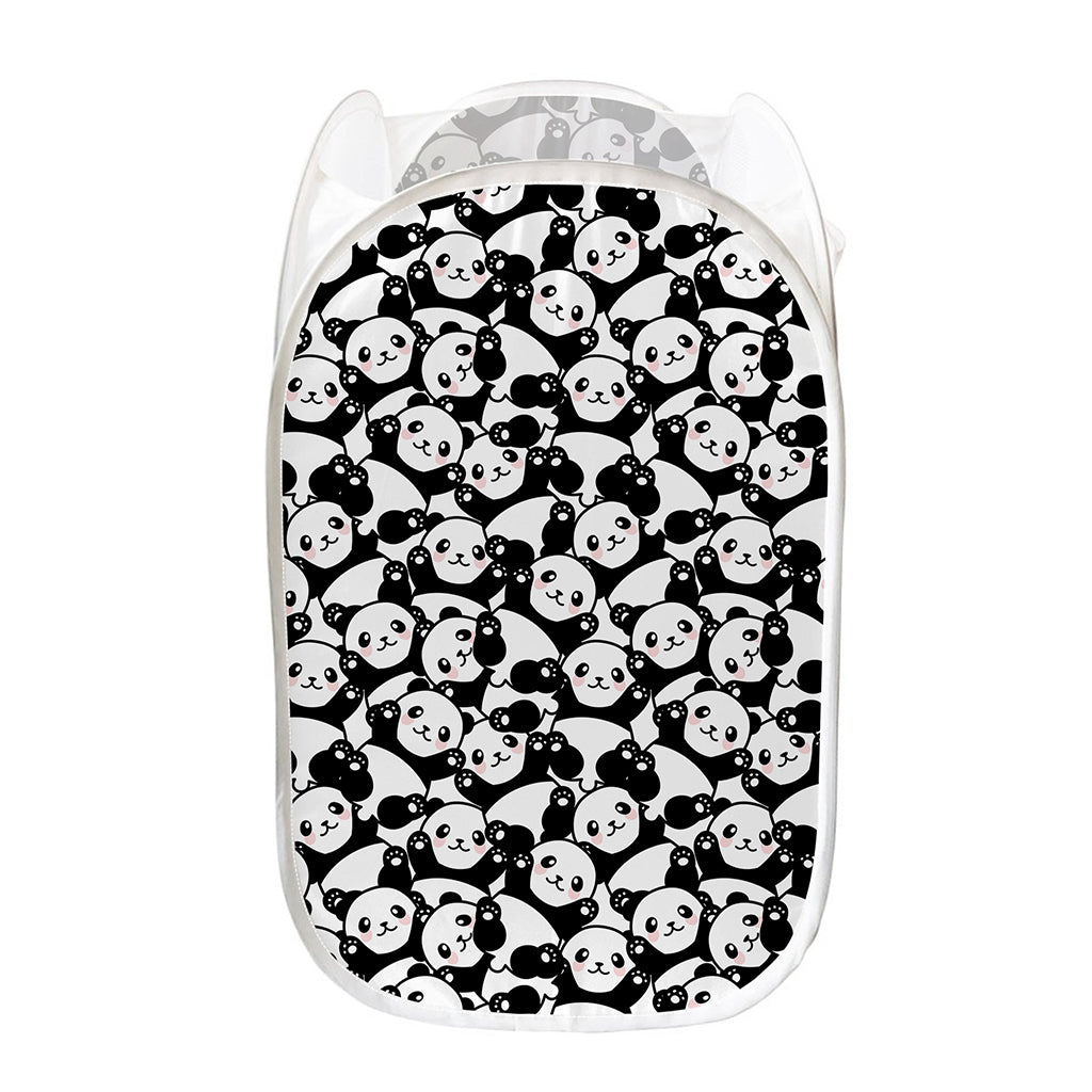 Cute Happy Panda Pattern Print Mesh Laundry Hamper