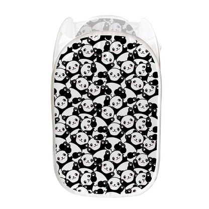 Cute Happy Panda Pattern Print Mesh Laundry Hamper