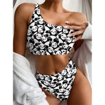 Cute Happy Panda Pattern Print One Shoulder Bikini Top