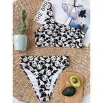 Cute Happy Panda Pattern Print One Shoulder Bikini Top