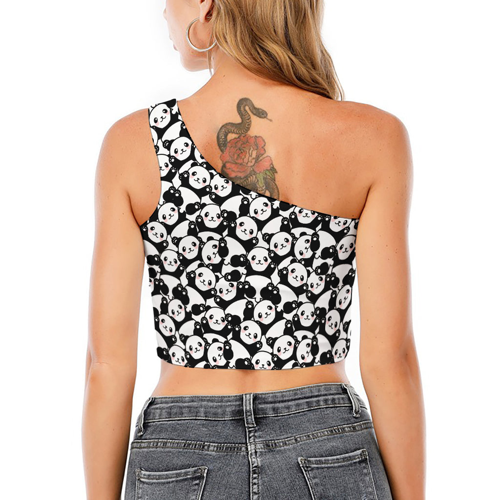 Cute Happy Panda Pattern Print One Shoulder Crop Top