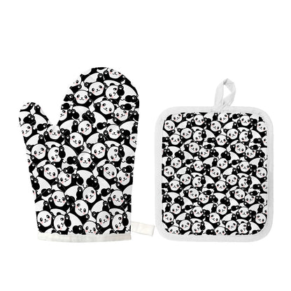 Cute Happy Panda Pattern Print Oven Mitt And Pot Holder Set
