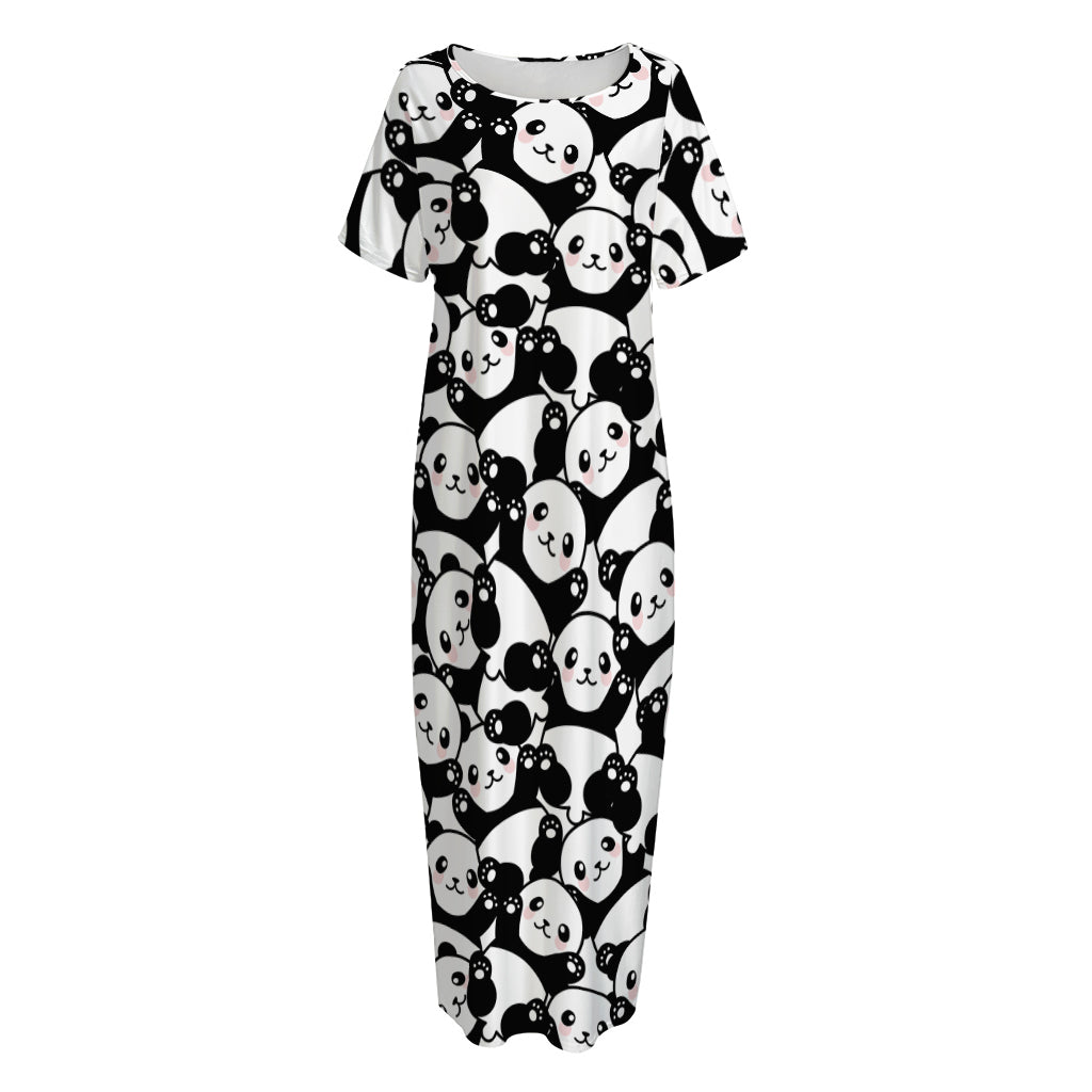 Cute Happy Panda Pattern Print Short Sleeve Long Nightdress