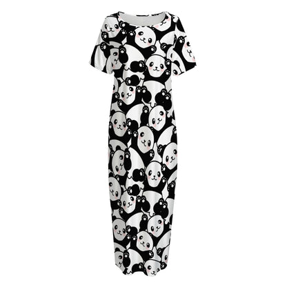 Cute Happy Panda Pattern Print Short Sleeve Long Nightdress