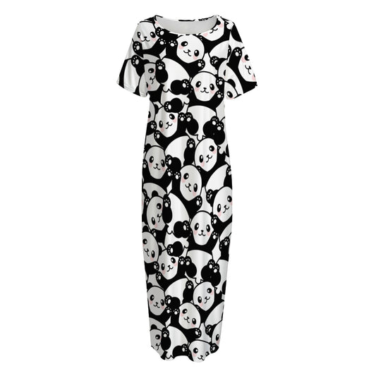 Cute Happy Panda Pattern Print Short Sleeve Long Nightdress