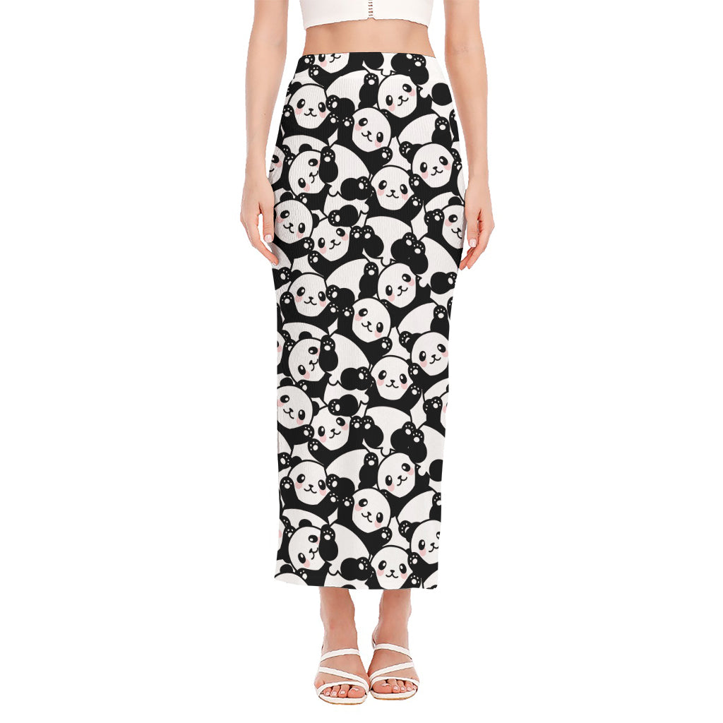 Cute Happy Panda Pattern Print Side Slit Maxi Skirt