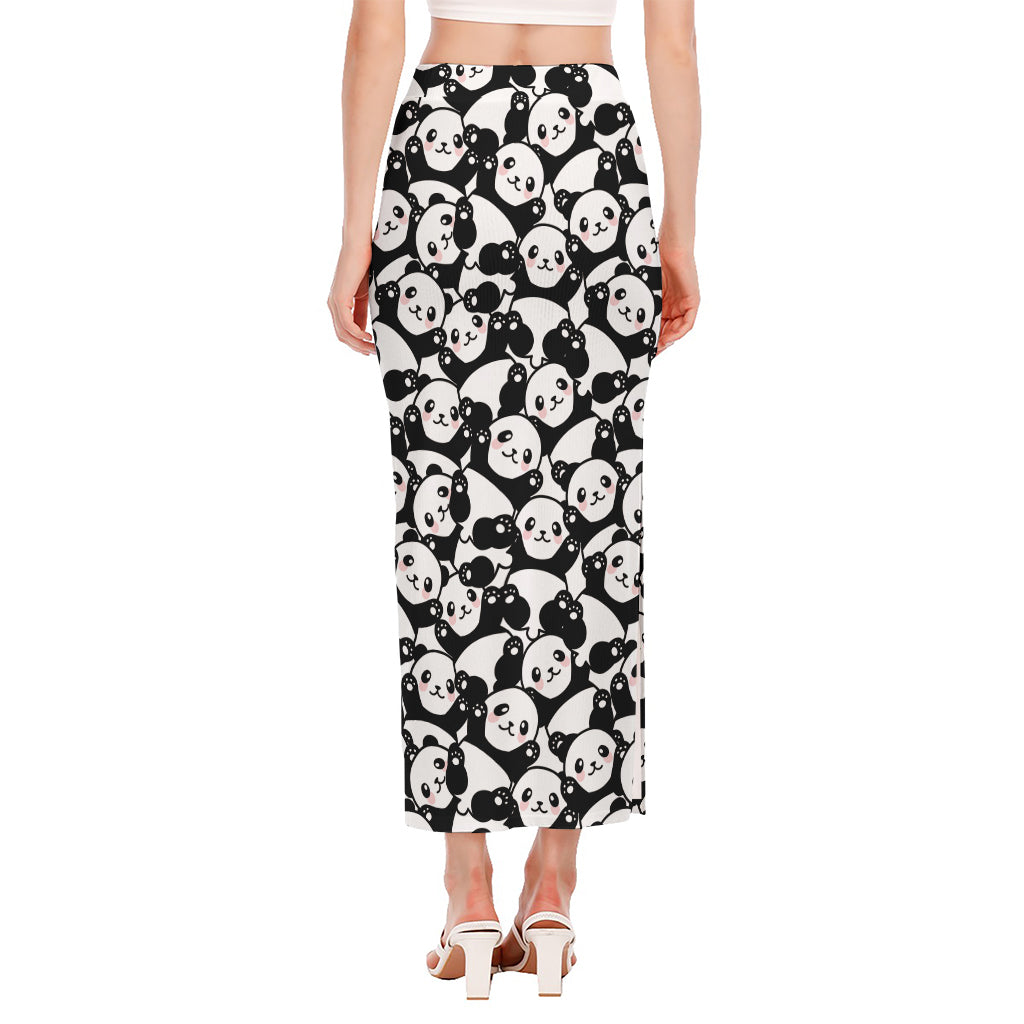 Cute Happy Panda Pattern Print Side Slit Maxi Skirt