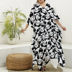 Cute Happy Panda Pattern Print Silk V-Neck Kaftan Dress