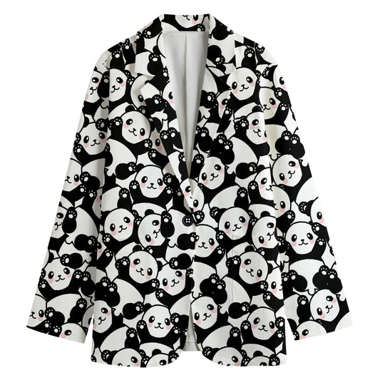 Cute Happy Panda Pattern Print Women's Cotton Blazer