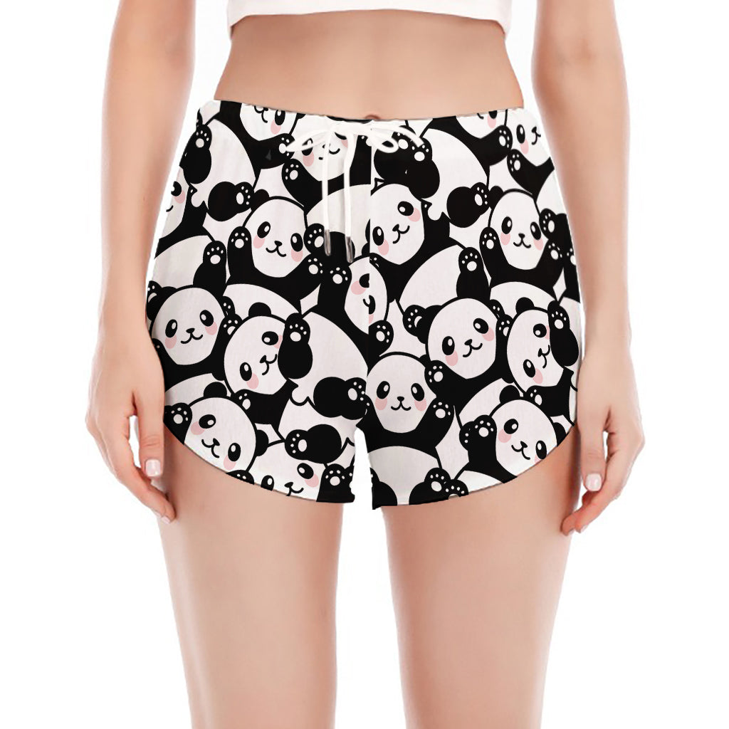 Cute Happy Panda Pattern Print Women's Split Running Shorts