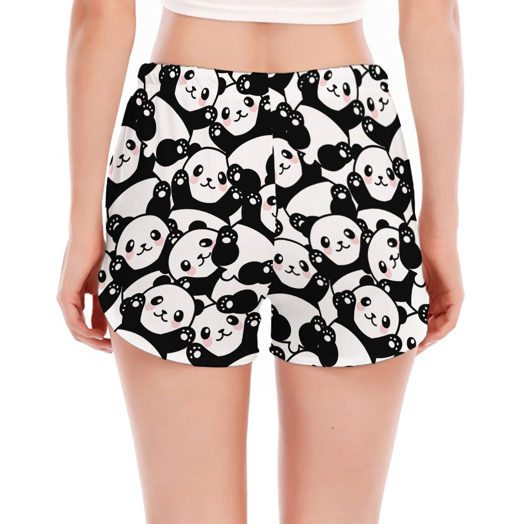 Cute Happy Panda Pattern Print Women's Split Running Shorts