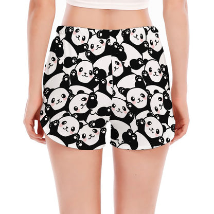 Cute Happy Panda Pattern Print Women's Split Running Shorts