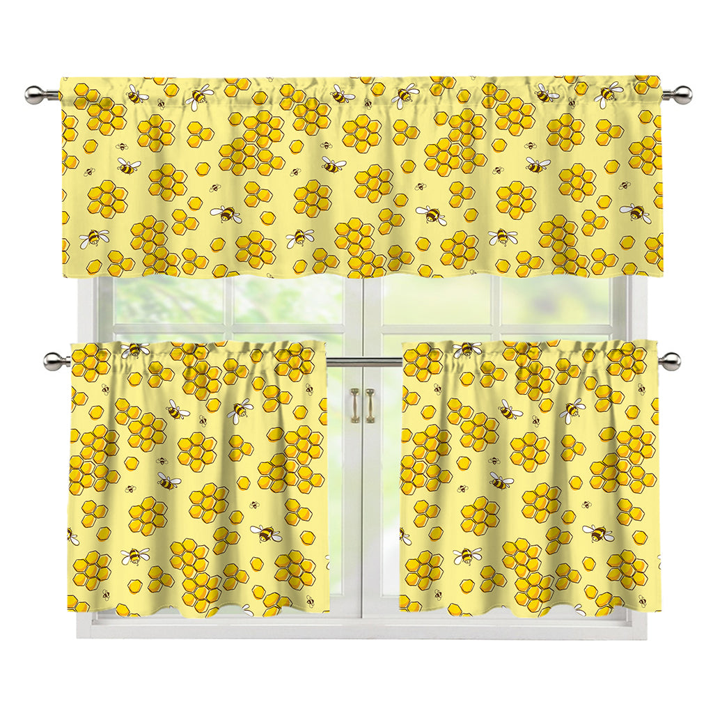 Cute Honey Bee Pattern Print 3 Piece Kitchen Curtains