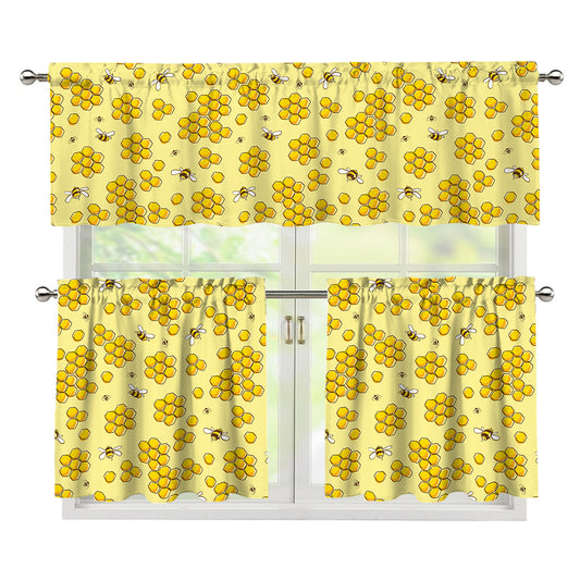 Cute Honey Bee Pattern Print 3 Piece Kitchen Curtains