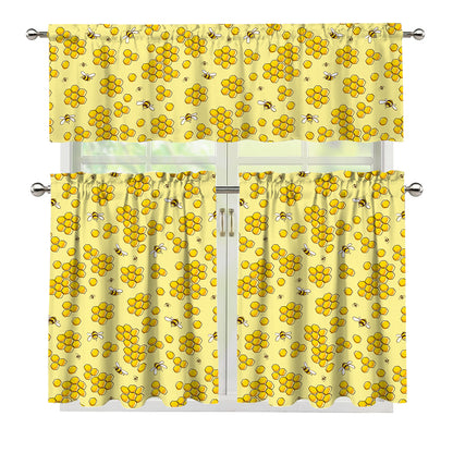 Cute Honey Bee Pattern Print 3 Piece Kitchen Curtains