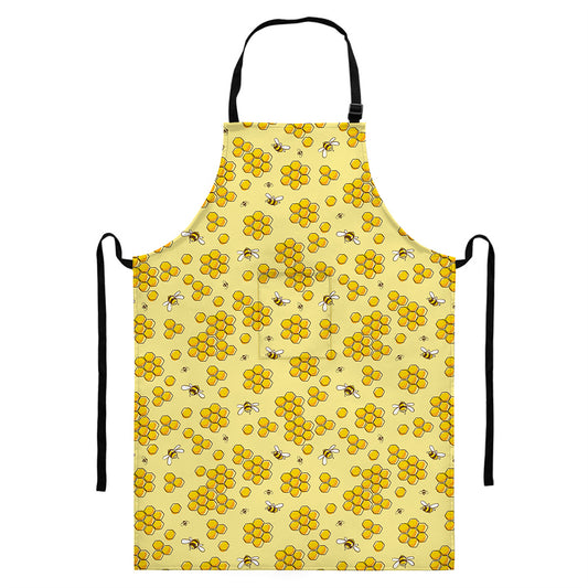 Cute Honey Bee Pattern Print Bib Apron With Pocket