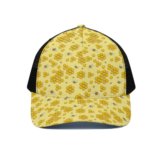 Cute Honey Bee Pattern Print Black Mesh Trucker Cap