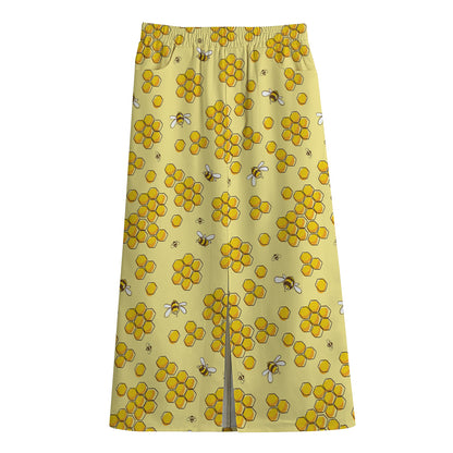 Cute Honey Bee Pattern Print Cotton Front Slit Maxi Skirt