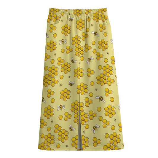 Cute Honey Bee Pattern Print Cotton Front Slit Maxi Skirt